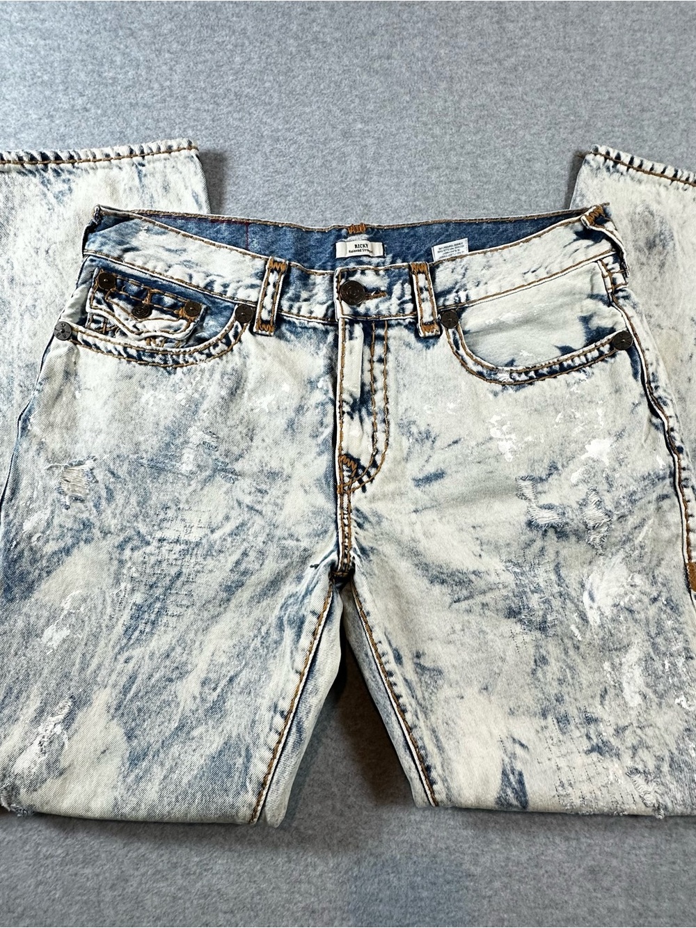 True Religion Ricky Flap SuperT Bleach Paint Splatter Jeans